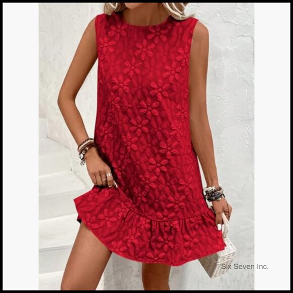 Ruffle Hem Sleeveless Tank Dress Casual Jacquard Smock Mini Dress - Picture 3 of 6